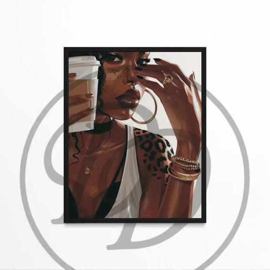Afrocentric digital wall art of Black woman with coffee cup and leopard tattoo.