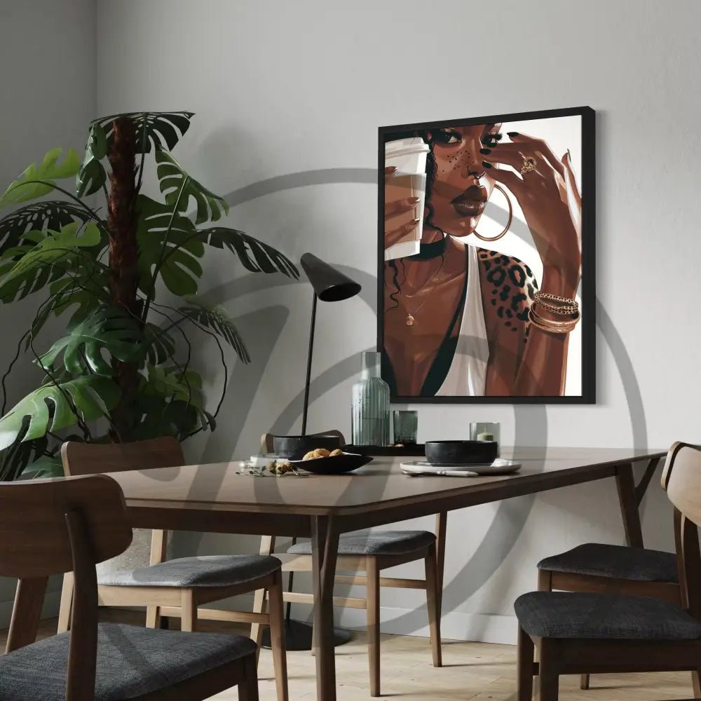 Printable coffee chic artwork celebrating Black beauty and bold style.