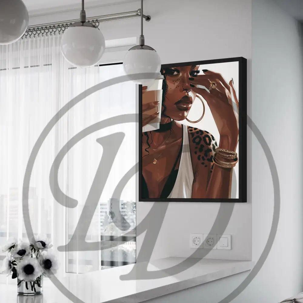Afrocentric coffee chic portrait digital art perfect for kitchens and cafés.