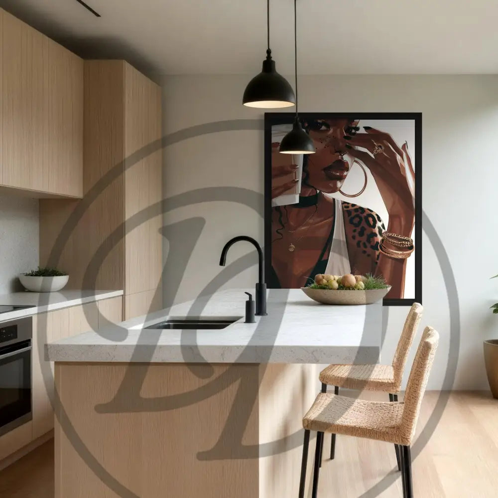 Black woman art print with confident pose and urban sophisticated vibe.
