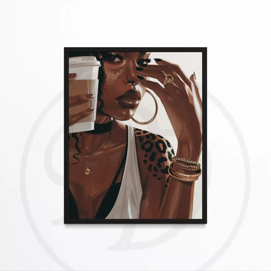 Afrocentric digital wall art of Black woman with coffee cup and leopard tattoo.