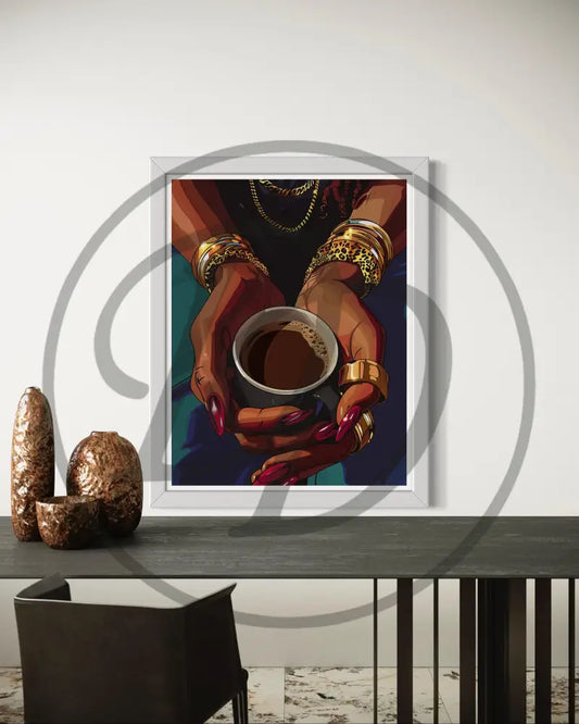 Afrocentric digital wall art of Black woman’s hands holding coffee cup with gold jewelry.