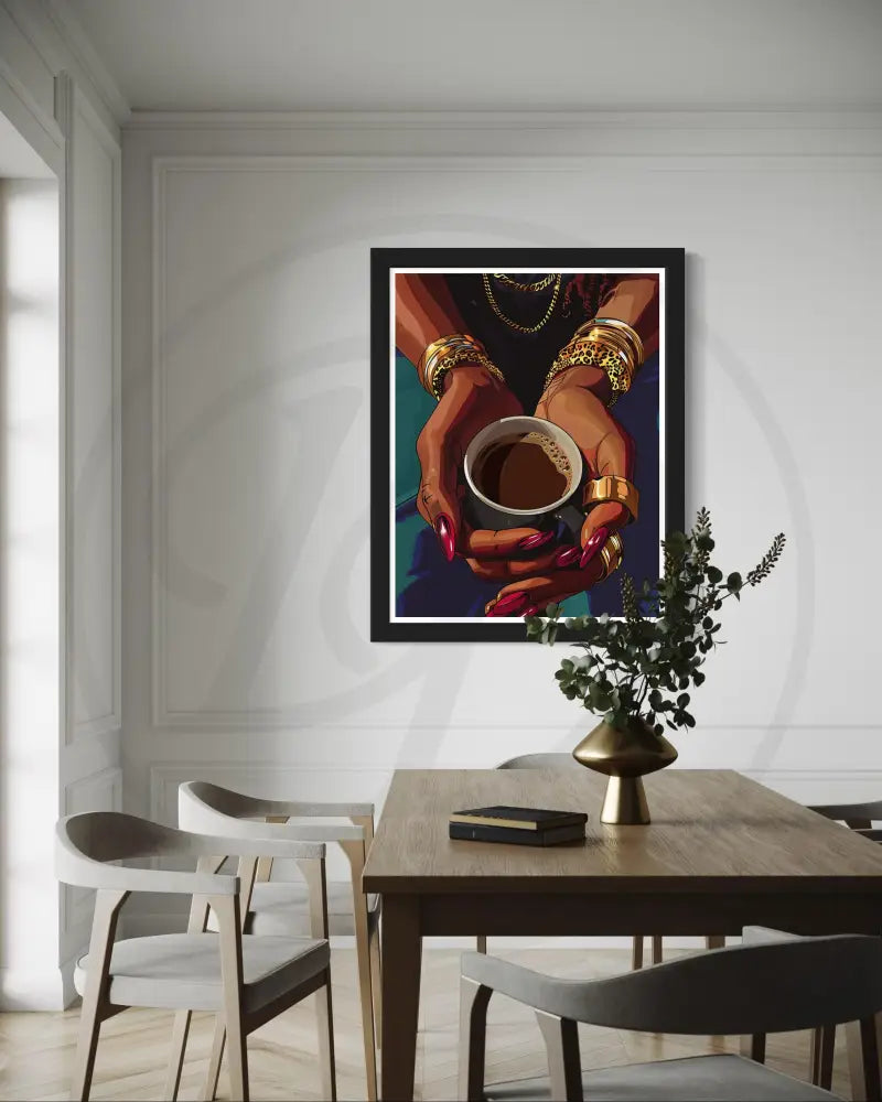 Black woman art print with detailed hands and cozy modern aesthetic.