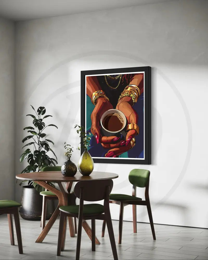 Afrocentric coffee moment digital art perfect for kitchens and coffee lovers.