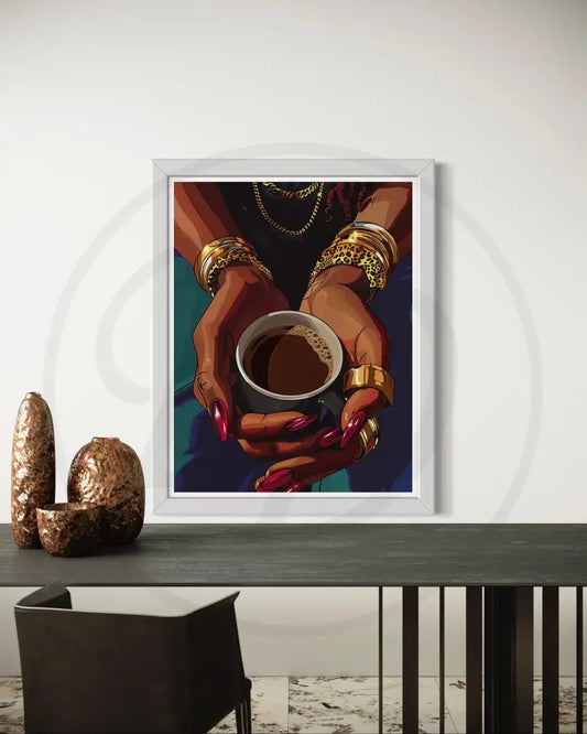 Afrocentric digital wall art of Black woman’s hands holding coffee cup with gold jewelry.