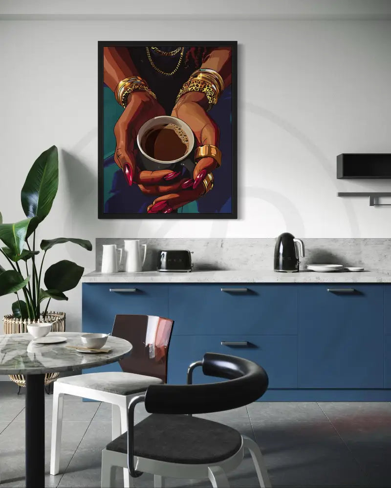 Minimalist Afrocentric hands digital art for kitchen or café décor.