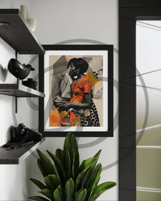 Afrocentric collage art of a Black couple in vintage embrace