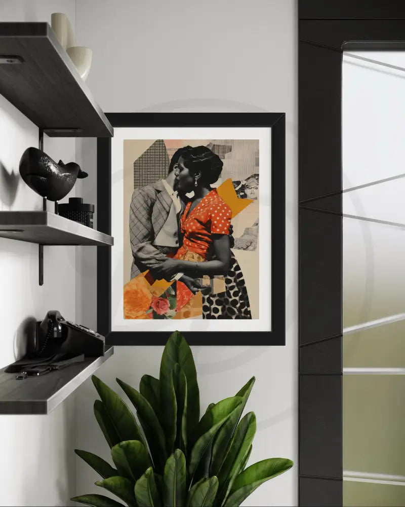 Afrocentric collage art of a Black couple in vintage embrace