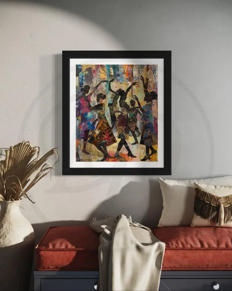 Afrocentric collage art of dancing women in celebration