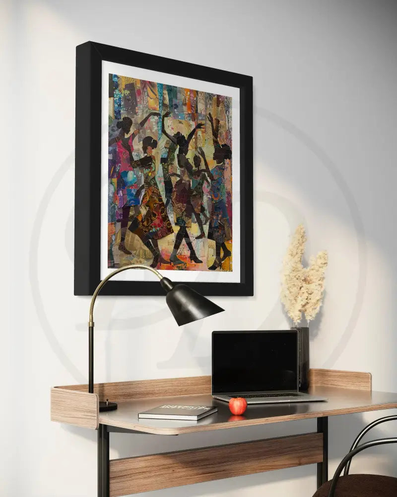 Afrocentric collage artwork of joyful women in motion