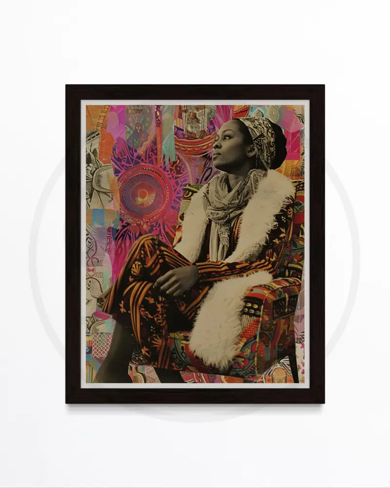 Afrocentric digital wall art of Black woman in vibrant collage textures.