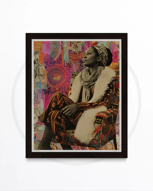 Afrocentric digital wall art of Black woman in vibrant collage textures.