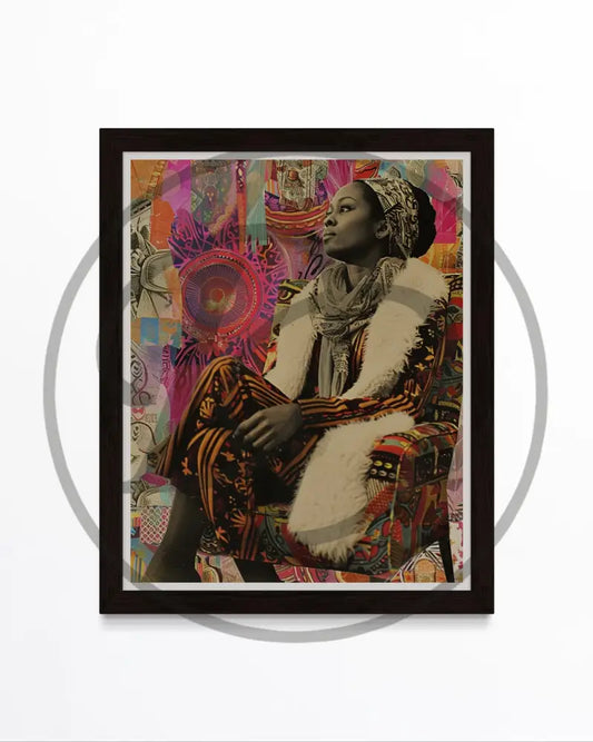 Afrocentric digital wall art of Black woman in vibrant collage textures.
