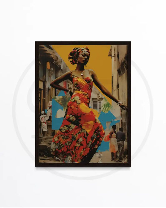 Afrocentric collage wall art of Black woman in floral dress and headwrap.