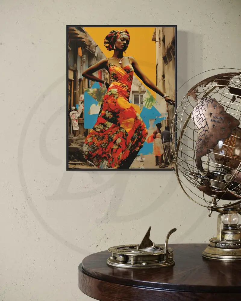 Printable cultural art with vibrant colors and urban background.