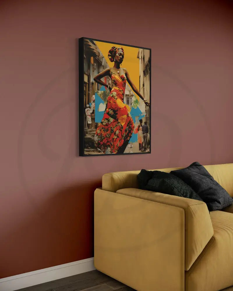 Black woman wall art with floral dress and cultural headwrap.