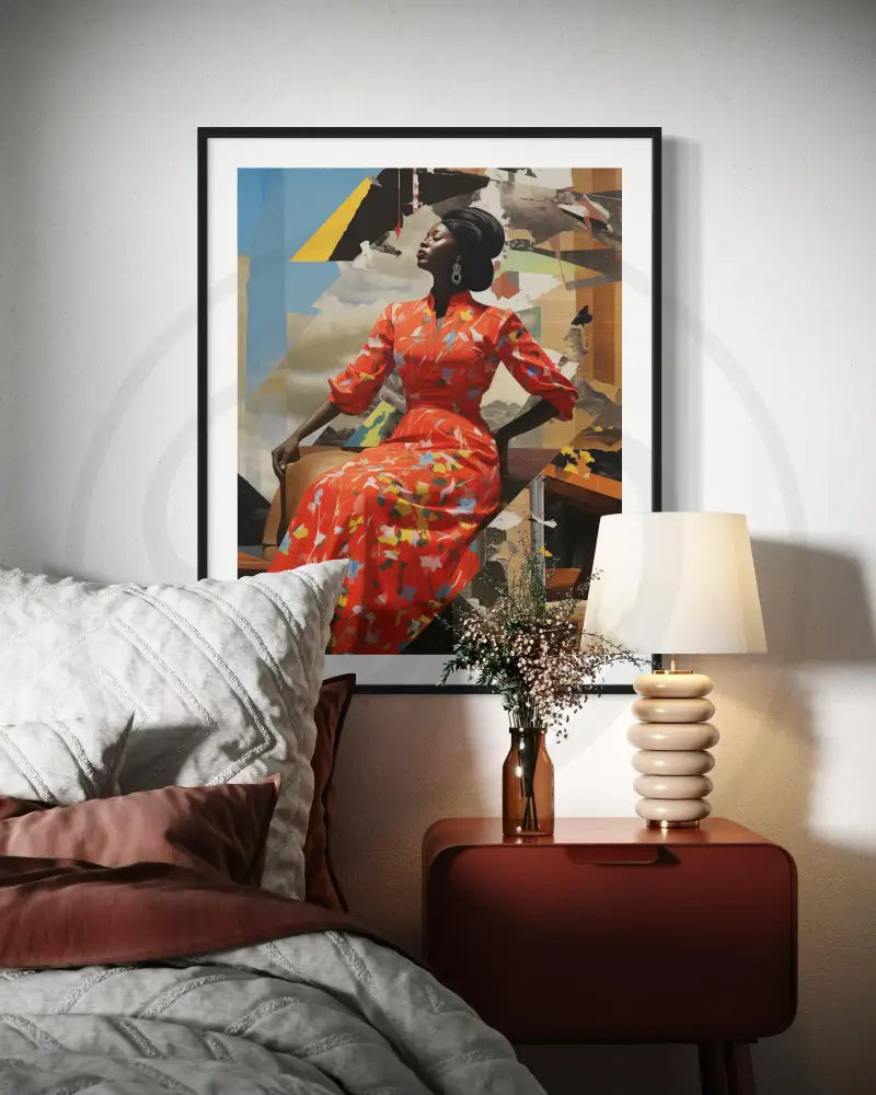 Black woman digital art with red dress against layered background.