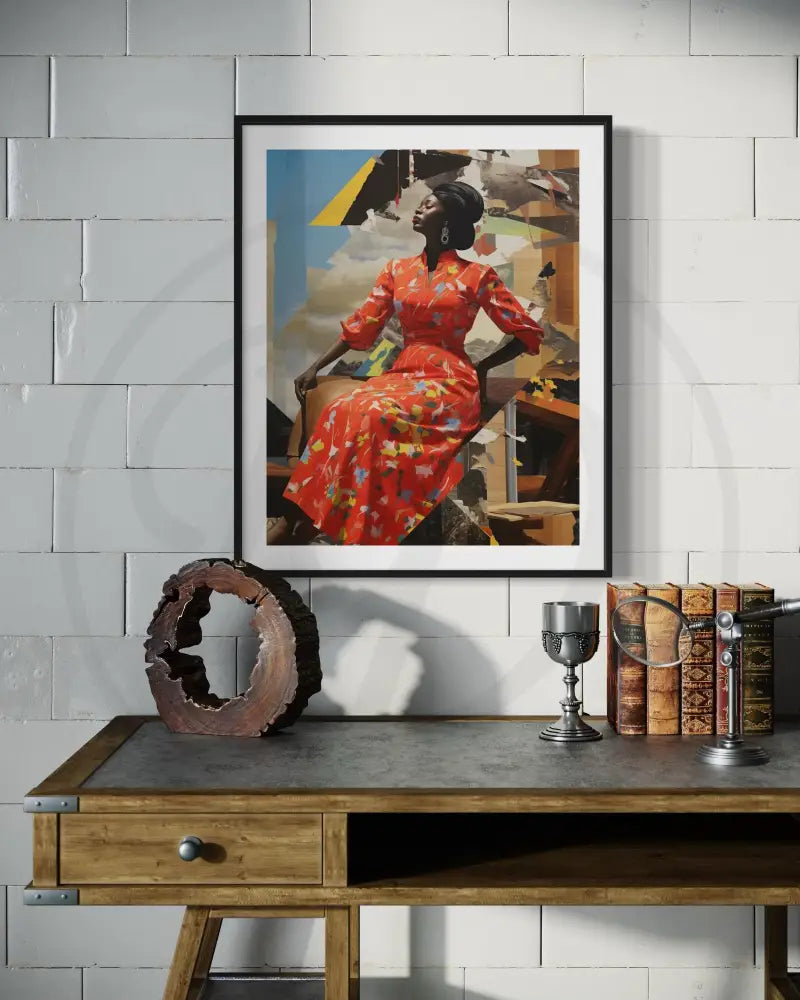 Afrocentric collage wall art featuring Black woman in red floral dress.