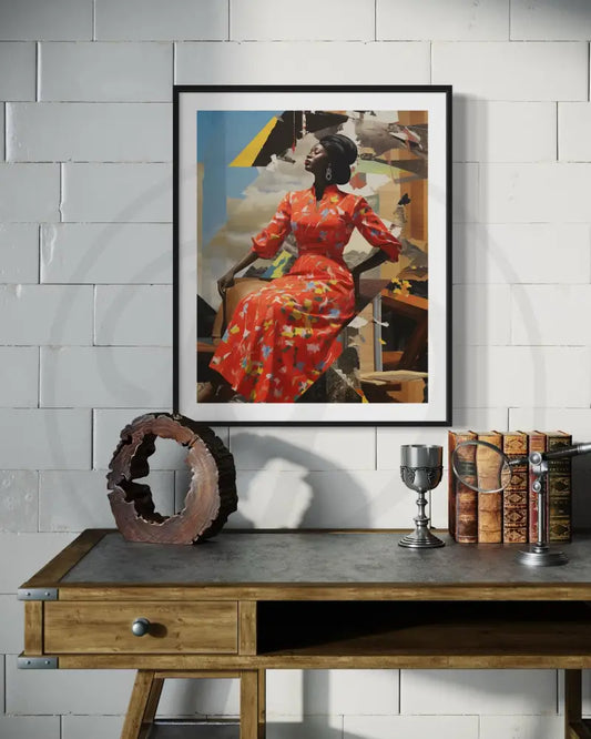 Afrocentric collage wall art featuring Black woman in red floral dress.