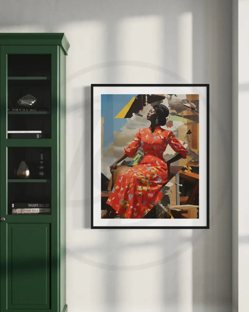 Afrocentric artwork featuring urban textures and striking red dress.