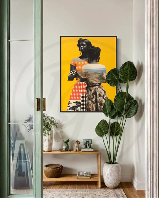 Afrocentric collage art of two Black women in patterned dresses