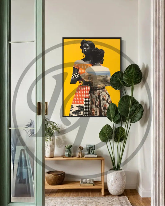 Afrocentric collage art of two Black women in patterned dresses