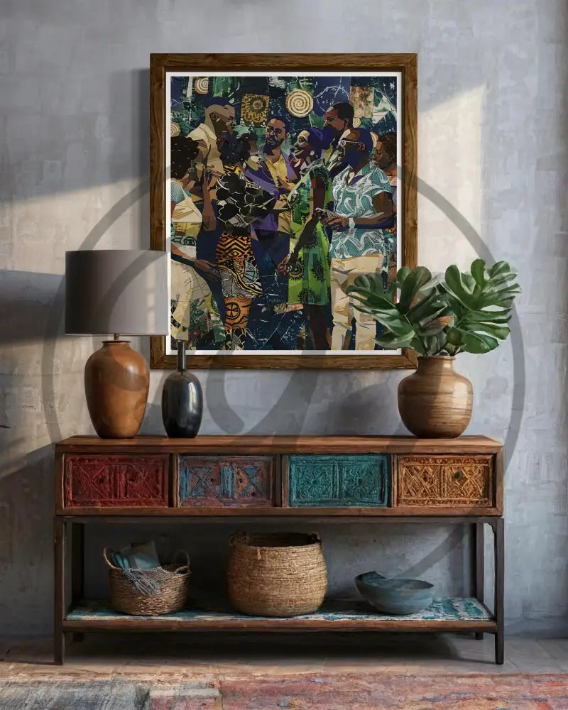 Minimalist Afrocentric community digital art for soulful home décor.