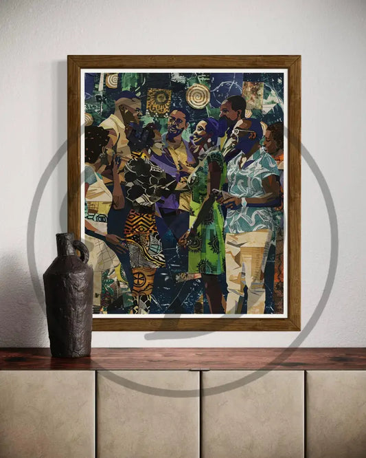 Afrocentric digital wall art of Black community scene with vibrant patterns.