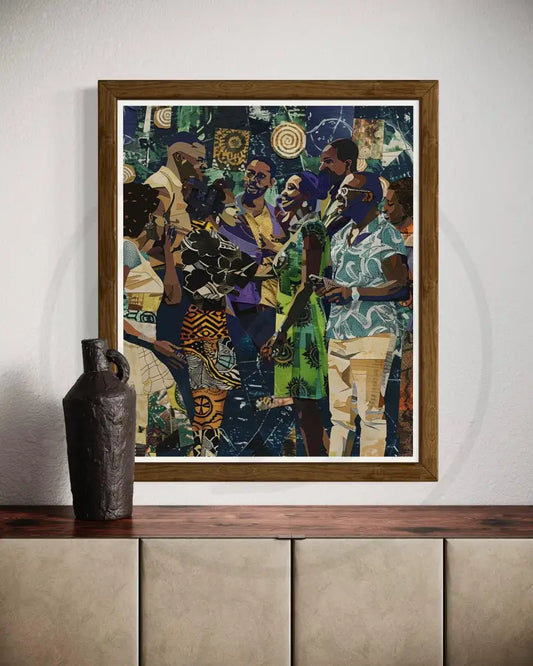Afrocentric digital wall art of Black community scene with vibrant patterns.