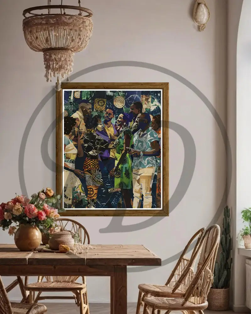 Group portrait art print with bold colors and modern textures.