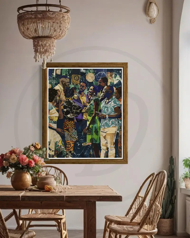 Group portrait art print with bold colors and modern textures.