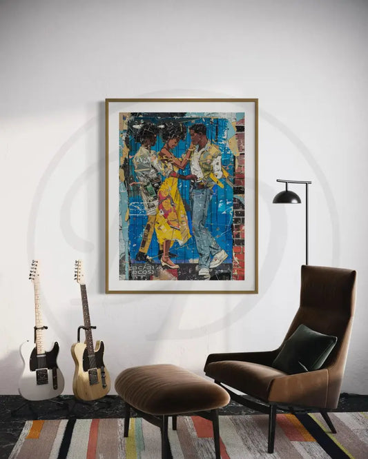 Afrocentric wall art of Black couple dancing in collage.