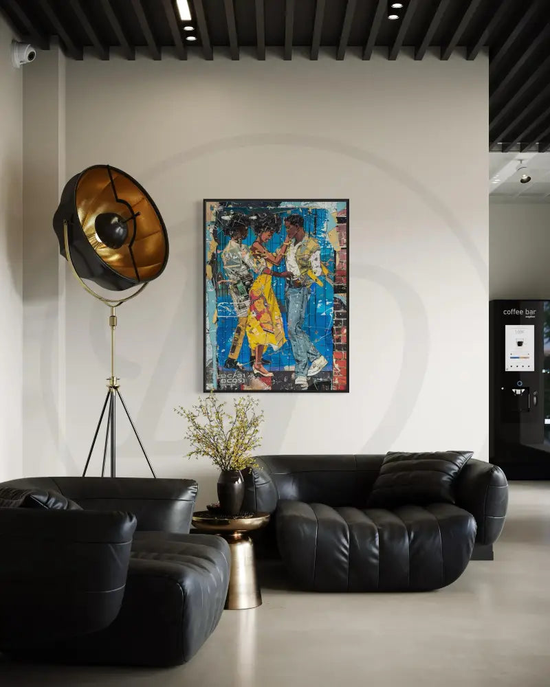 Black couple dancing collage Afrocentric artwork.