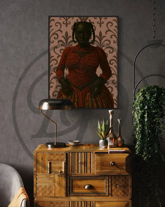 Black woman wall art wearing red crochet top and skirt