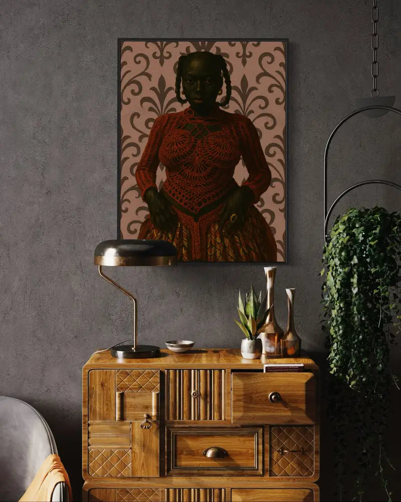 Black woman wall art wearing red crochet top and skirt