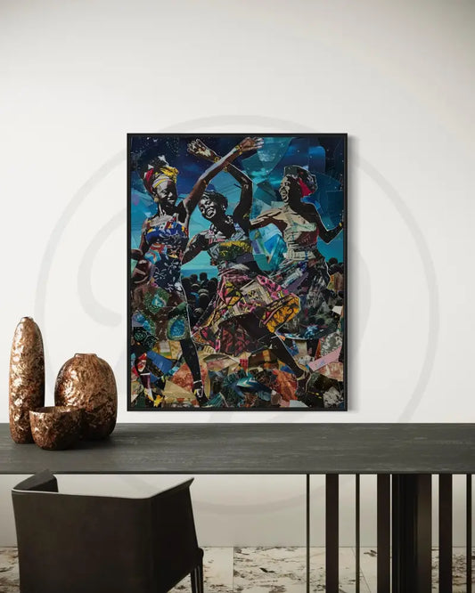 Afrocentric digital wall art of Black women dancing in colorful prints.
