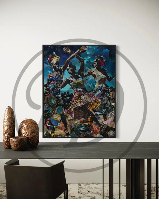 Afrocentric digital wall art of Black women dancing in colorful prints.