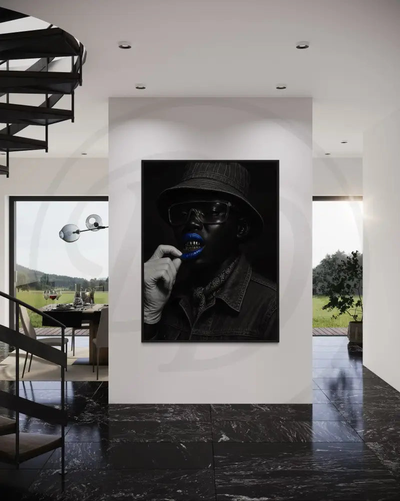 High-resolution digital portrait of Afrocentric Black man with grillz and blue lips. Modern African art print for gallery walls.