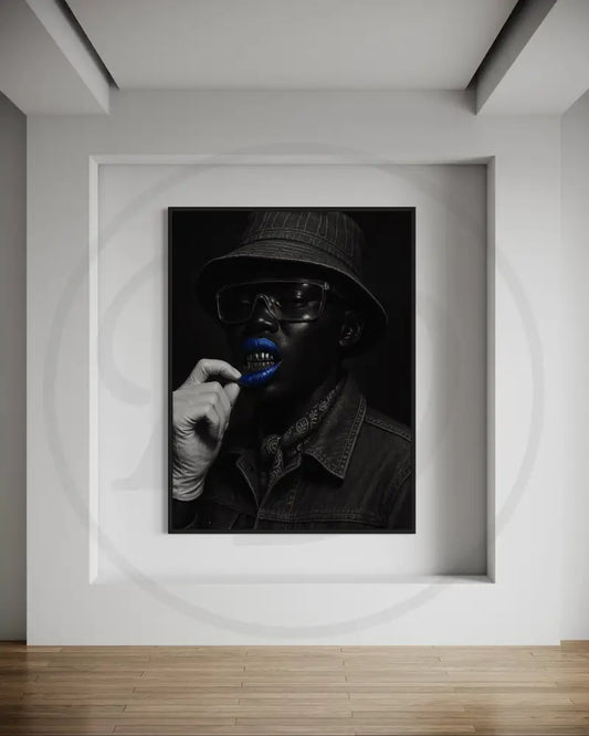 Afrocentric portrait digital wall art of Black man in denim with blue lips and grillz. Printable African art for modern wall décor.