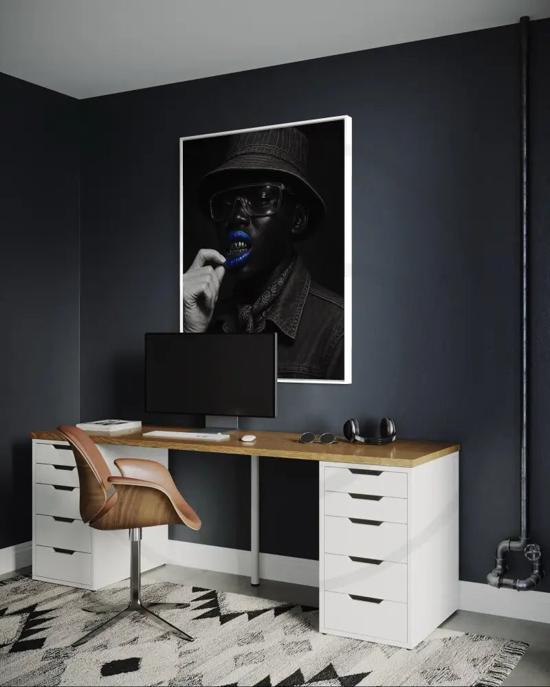 Minimalist Afrocentric wall art of stylish Black man in bucket hat and sunglasses. Printable modern African American portrait art.