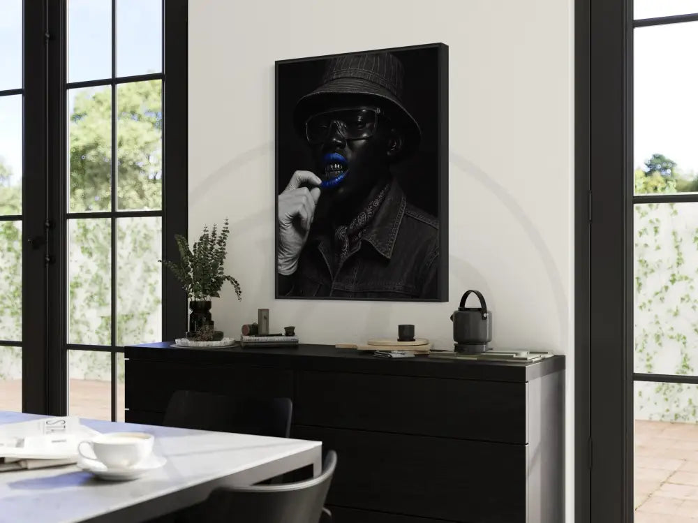 Afrocentric fashion portrait digital art featuring Black man with grillz and denim jacket. Printable modern ethnic wall décor.