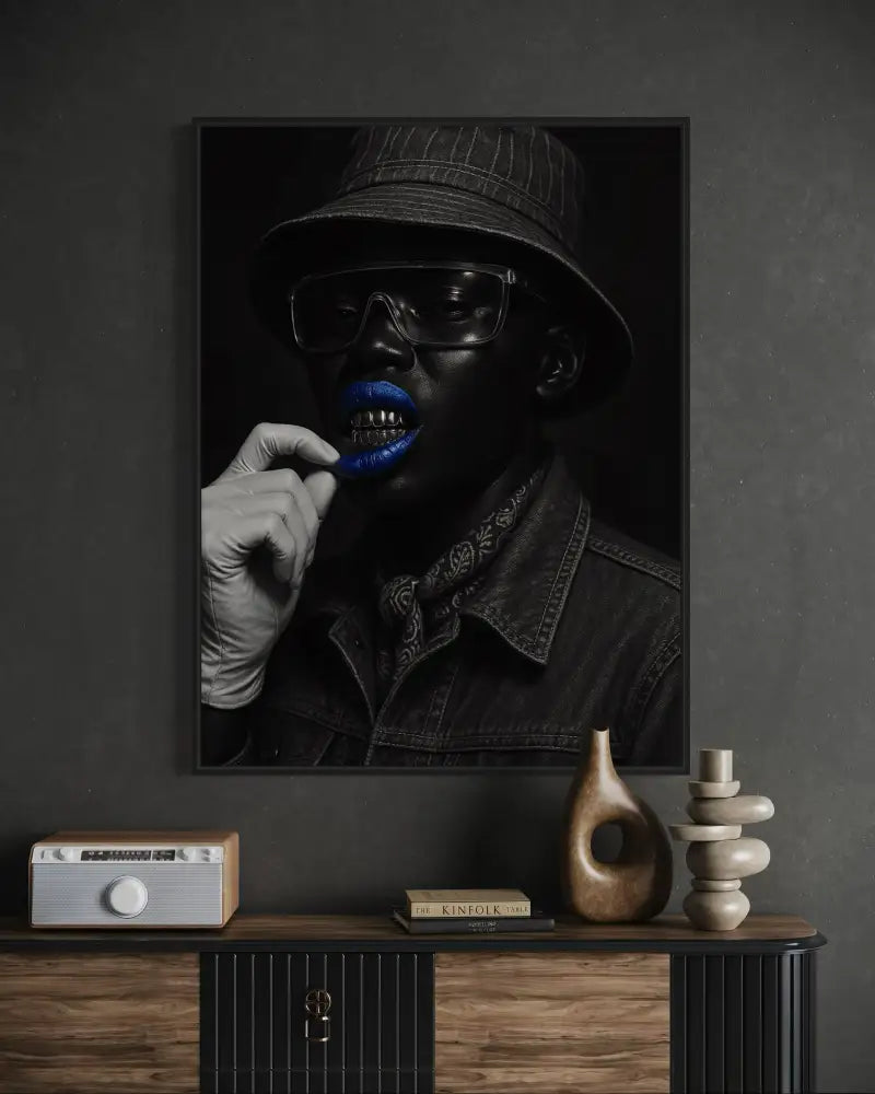 Contemporary African American portrait wall art of urban Black man with blue lips. Instant download printable art for home or office.