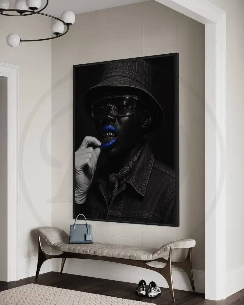 Printable Afrocentric wall art of regal Black man in bucket hat with bold fashion details. Elegant modern digital art for cultural home décor.