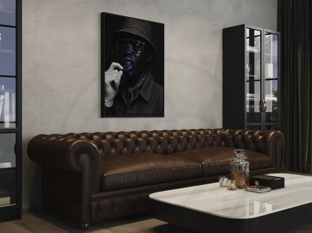 Digital download wall art of Black man urban style with bold blue lips and bandana. Afrocentric printable décor for living rooms.