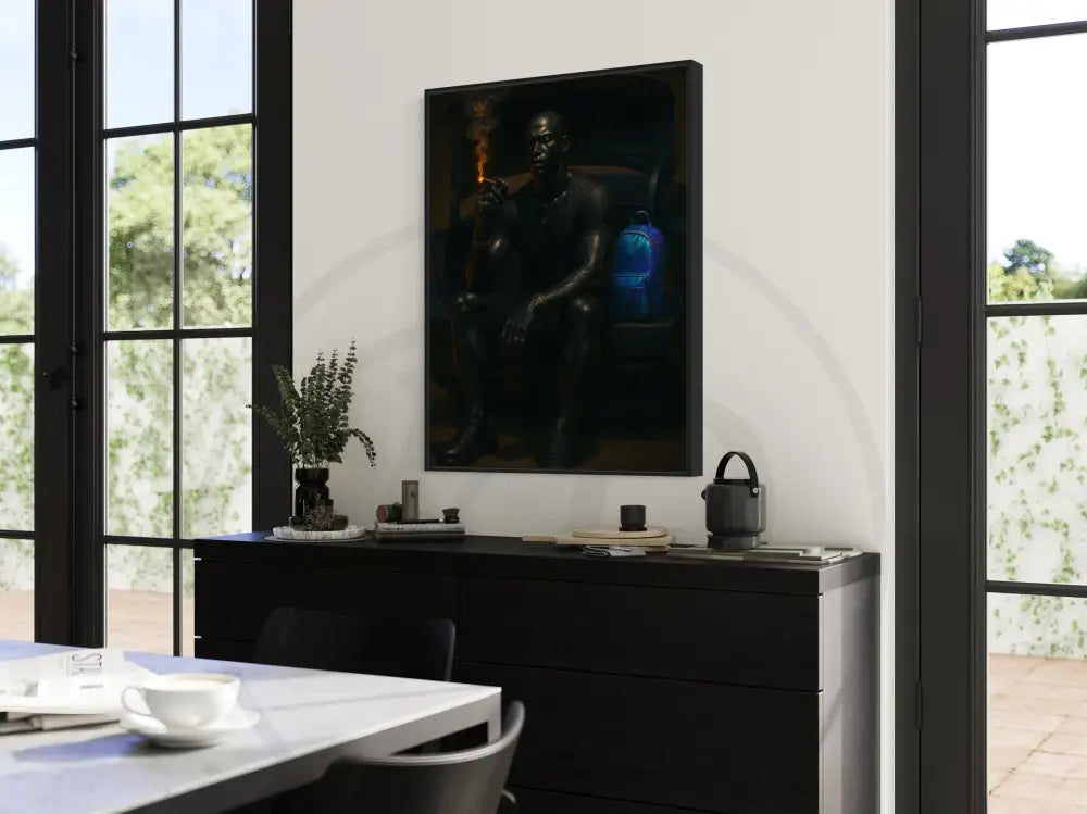 Contemporary African American portrait wall art of urban Black man with tattoos and backpack. Instant download printable art for home or office.