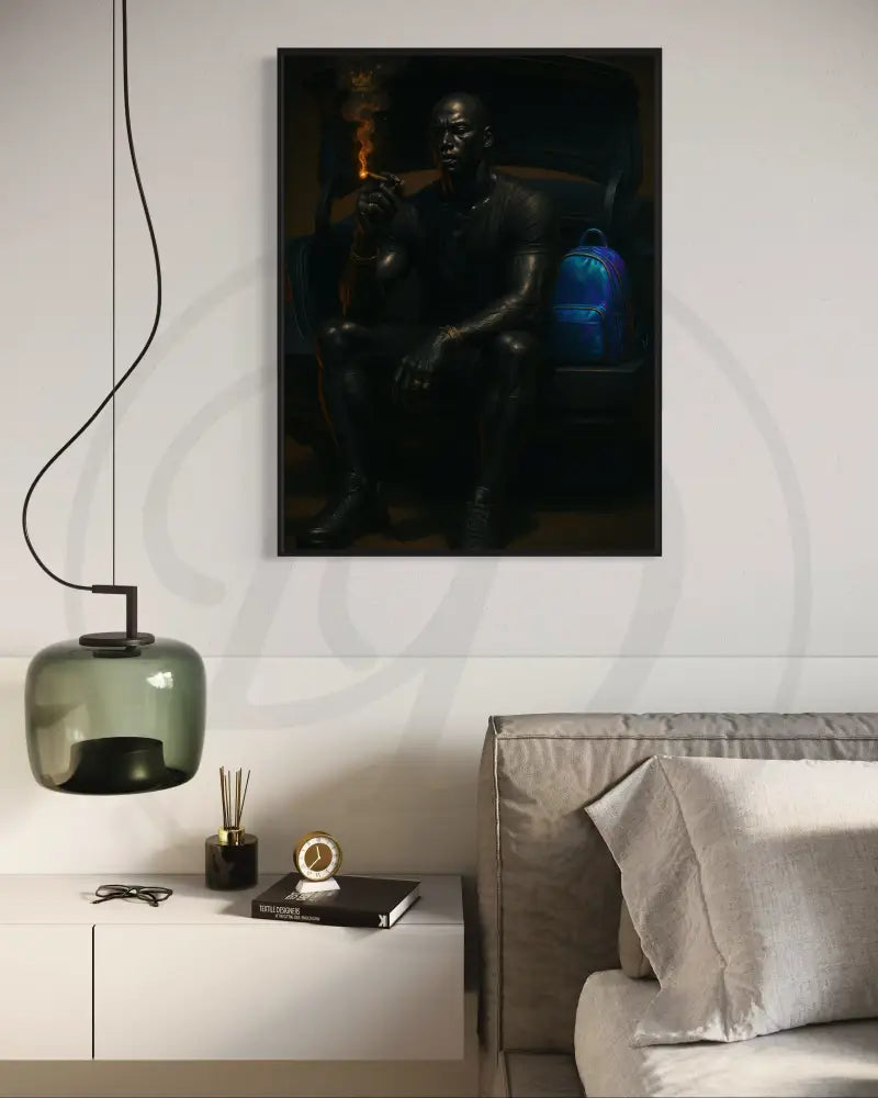 Printable Afrocentric wall art of powerful Black man smoking in car trunk. Elegant modern digital art for cultural home décor.
