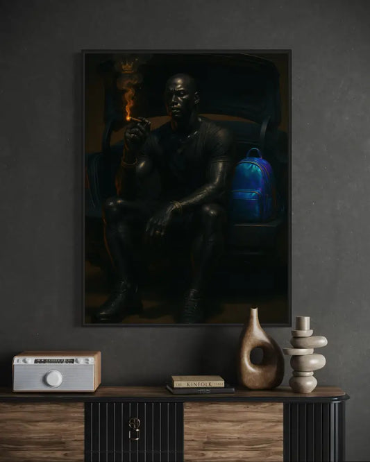 Afrocentric portrait digital wall art of Black man smoking cigar with glowing crown smoke. Printable African art for modern wall décor.