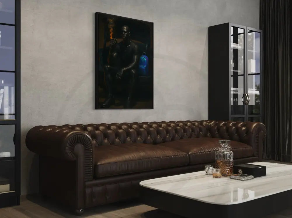 Afrocentric fashion portrait digital art featuring Black man with glowing cigar embers. Printable modern ethnic wall décor.