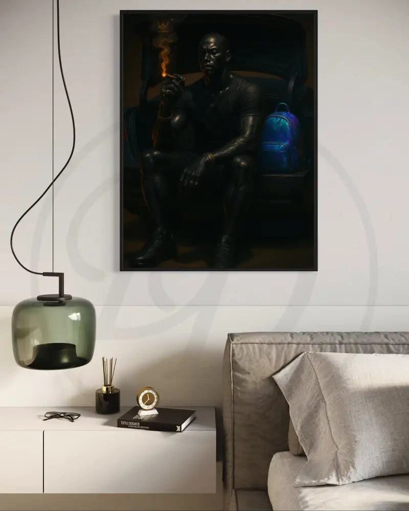 High-resolution digital portrait of Afrocentric Black man cigar scene with crown smoke. Modern African art print for gallery walls.
