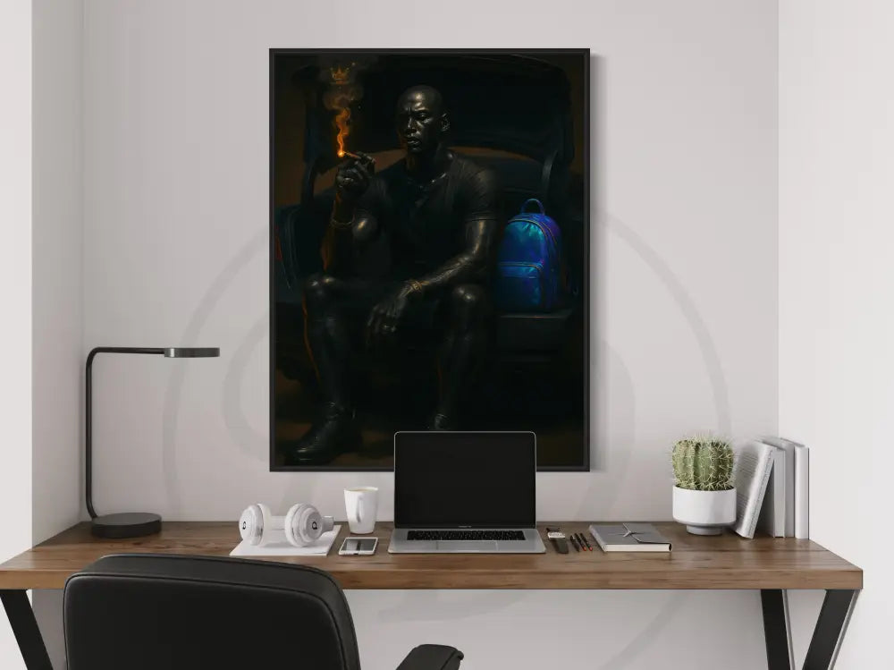 Minimalist Afrocentric wall art of Black man seated in car trunk with cigar and backpack. Printable modern African American portrait art.